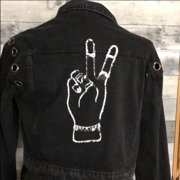 Black Denim Jacket with Peace Sign - Picture 2 of 5